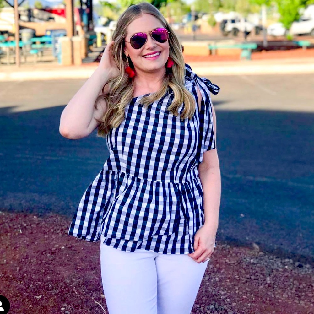 Black & White Gingham Tie Sleeve Blouse/Tank
